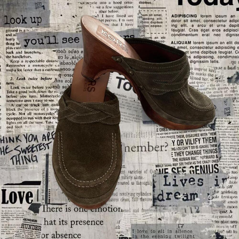 Kors by michael kors olive olive green suede clogs with a studded wooden sole